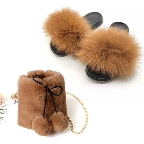 Fashion New Fox Fur Slippers Womens Bucket Cosmetic Bags Furry Chain Single Shoulder Oblique Hairy Purse Female Fluffy Slippers