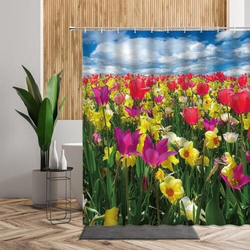 Colored Flower Scenery Shower Curtain Set Tulip Florals Printed Bathroom Bath Decors Spring Backdrop Fabric Curtains For Bedroom