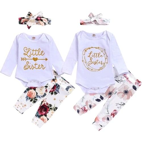 Newborn Girls 3pcs Outfits Litter Sister Letter Baby Girl Rompers Jumpsuit Floral Printed Pants Baby Girls Clothing Set