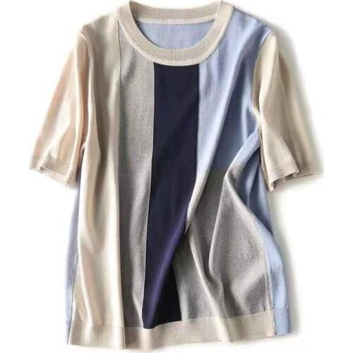 GGRIGHT Knitted Pullover Women 2021 Summer New O Neck Color Matching Sweater Womens Loose Short Sleeve All-Match Tops Pull Femme