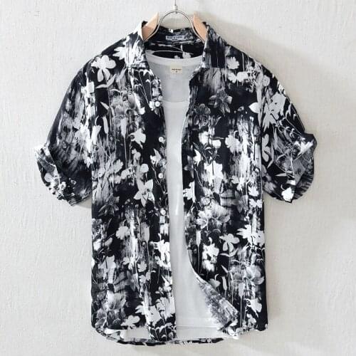 1035 Summer Men Shirts Retro Floral Printing Fashion Square Collar Short Sleeve Linen Beach Holiday Casual Loose Male Thin Coats