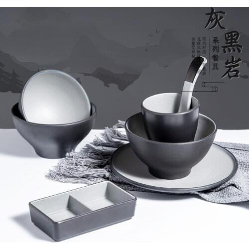 SIA-HUAT Grey Black Rock Table Cup Bowl Spoon Japanese And Korean Sushi Utensils Food Lattice Plate Snack Round Dinnerware Set