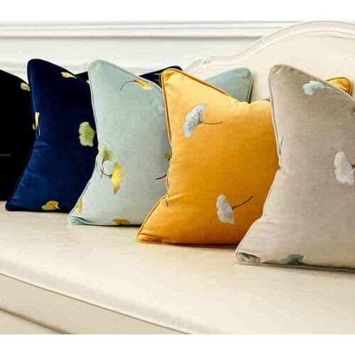Light luxury velvet embroidered cushion cover ginkgo pillowcase bed sofa waist pillow cover for backrest cushion case