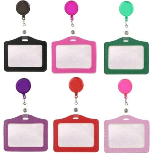 Solid Colors Horizontal Company Factory Staff Workers Work Card Holder Cover PU ID Badge Case with Retractable Badge Reel Clip