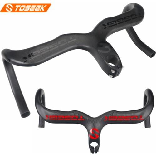 TOSEEK Full 3k Carbon Fibre Bike Bent Bar Road Bicycles Integrated Handlebar Stem Matte Black Red Glossy Logo 370g