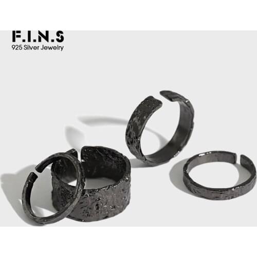 F.I.N.S Vintage Dark Wind Black Tin Foil Real 925 Sterling Silver Ring Thin Wide Finger Stackable Silver Ring 925 Fine Jewelry