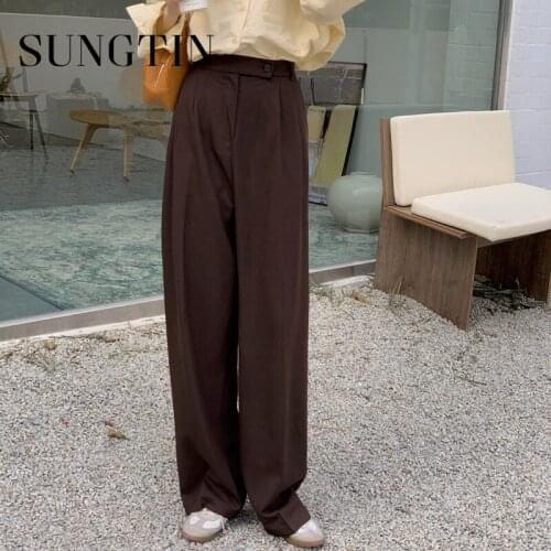 Sungtin High Waist Vintage Office Lady Straight Pants Women Elegant All Match Female Solid Straight Trousers OL Korean Fashion