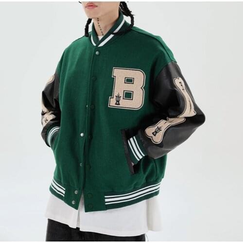 2021 Streetwear Unisex Splice Coat Baseball Green Jacket Letter Harajuku Bomber Jackets Women Furry Bone Patten Single-breasted