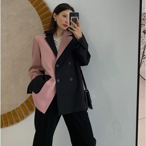 Women 2019 Autumn Fashion Blazer Ladies Black and Pink Patchwork Long Sleeve Casual Jacket Coats Female Clothes Feminino Suit