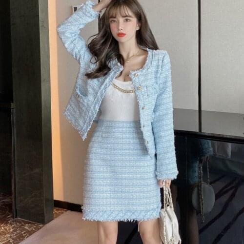 2021 New Autumn Winter Vintage Tweed Two Piece Set Women Woolen Short Jacket Coat + Skirts Sets Small Fragrance 2 Piece Suits