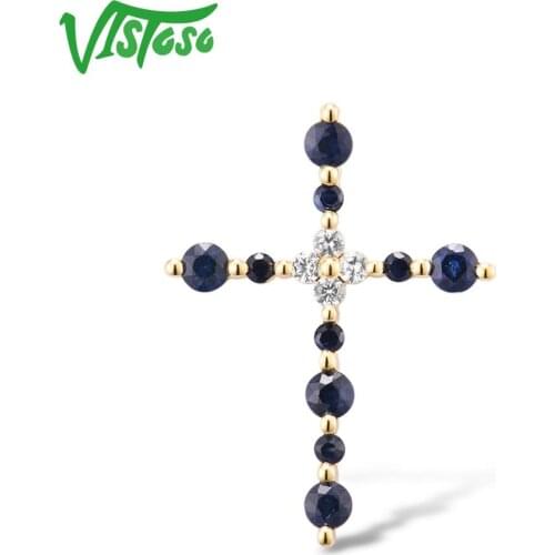 VISTOSO Gold Pendants For Women Authentic 14K 585 Yellow Gold Cross Pendant Blue Sapphire White Sapphire Elegant Fine Jewelry