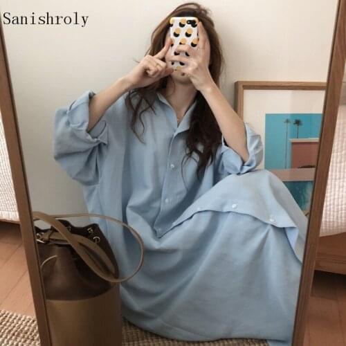 Woman Long Shirt Dress 2021 Spring Autumn Korea Casual Loose Cotton Linen Dress Female Blue Maxi Robe Dresses Oversized Clothing