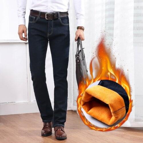Winter Plus Velvet Denim Jeans For Men Straight Stretch Fleece Thick Warm Black Jeans Mens Business Trousers Male
