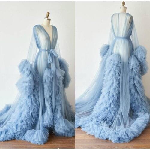 2021 Ruffles Women Bathrobe Robe De Mariée Tiered Tulle Sleepwear Nightgown Long Sleeve Bridal Boudoir Robe Holiday Wedding