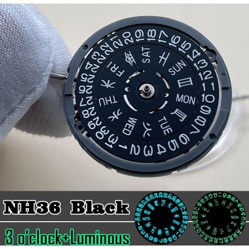 SEIKO Japan Black Automatic Movement NH36/NH36A Luminous Self-winding Mechanical Date/Day Setting 24 Jewels Watch Replacements
