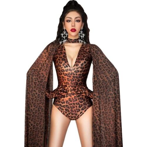 Leopard Pattern Bodysuit Gloves Top Fashion Sexy V Neck Birthday Party Bodycon Outfit Women Singer Show Performance Costume