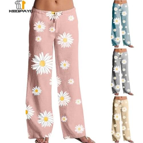 New 2021 Women Drawstring Elastic Waist Daisy Sports Yoga Pants Ladies Casual Loose Pockets Wide Leg Pants Trousers