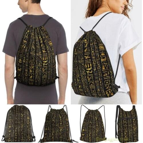 Egyptian Hieroglyphs Vintage Gld On Black Men Outdoor Travel Gym Bag Waterproof Drawstring Backpack Women Fitness Sackpack Bag