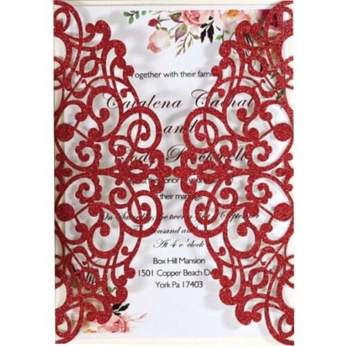 Red Blue Glitter Paper Laser Cut Wedding Invitation Card With Ribbon Personalized Wedding Decor Party Supplies