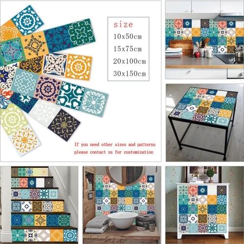 Moroccan Style Colorful Retro Strip Tiles Wall Stickers Bathroom Kitchen Wardrobe Decoration Wallpaper Peel & Stick Art Mural