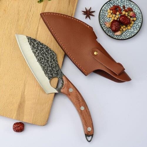 2PCS Chopping Knife Set Leather Cover Sheath Hollow Blade Stainless Steel Cleaver Butcher Bone Cutter Deboning Slicer Chopper
