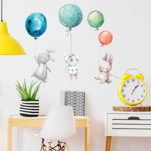Cartoon Bunny Balloon Wall Sticker Home Wall Decora For Kids Rooms Bedroom Decor Cute Animal Wallpaper Self-adhesive Stickers