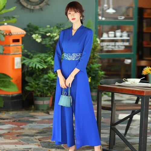 Autumn And Winter New Chinese Style Wide Leg Pants Stretch Retro Embroidery Back Zipper Chinese Jumpsuit Women S-2XL