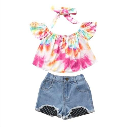 2-6Y Fashionable Girls Outfit Toddlers Tie Dye Off Shoulder Butterfly Sleeve Top + Zipper Denim Shorts + Headwear Set 2021 New
