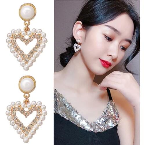 Elegant Women Love Heart Shape Faux Pearls Rhinestones Ear Stud Earrings Gift