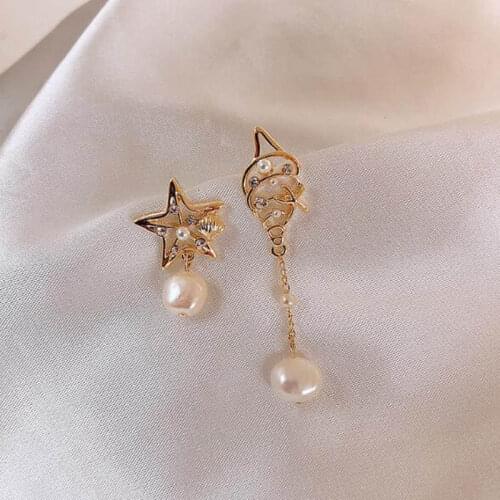 High Quality Beautiful Natural White Pearl Five-Pointed Star Tassel Asymmetric Fashion Earrings 1 Pair a1400