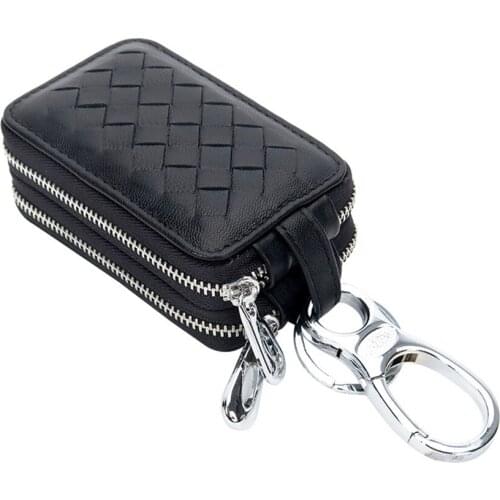 Goatskin Woven Car Key Purse Genuine Leather Car Key Holder Double Layer Zippered High Capacity Waist-Hanging Key Wallet F1090
