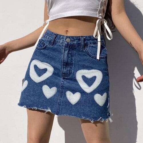 SEASONS Heart Print Jeans Skirt Summer Casual High Waisted Short Skirt Sweat Korean Cotton Fashion Pocket Streetwear ASSK82683