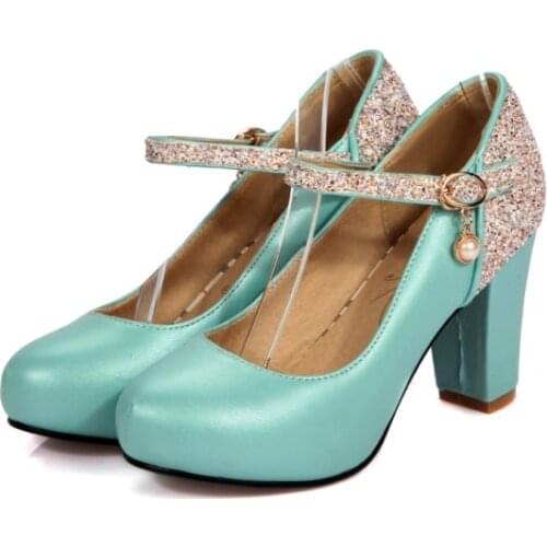 Big Size 11 12 13 platform heels women shoes woman pumps ladies Round-head shallow-mouth one-word buckle water drill thick heel