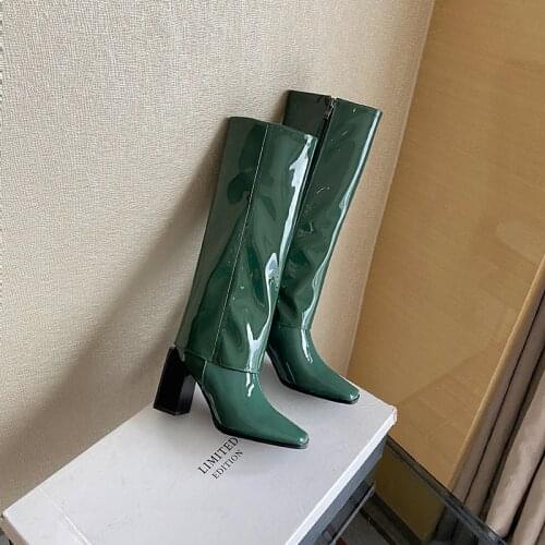 2021 Fall Winter Wide High Boots Genuine Leather Womens Boots Newest Zipper Wedding Working Female Shoes Woman Heels