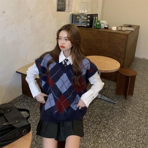 Autumn Women 2021 Korean Fashion Female 2 Piece Set Loose V-neck Sweater Vest and Solid Shirts Women Suit Two Piece Outfits Q888