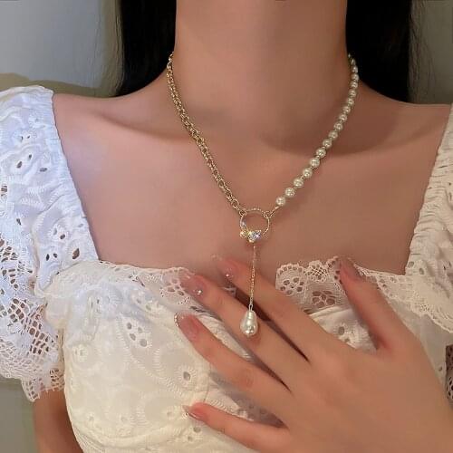 Korean Style Butterfly Crystal Choker Necklaces for Women Long Chain Pearl Pendant Necklaces Statement Jewelry