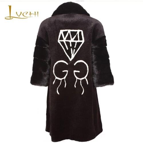 LVCHI 2019 Woman real mink Fur Coats Winter Midi Fashion Lamb Fur Diamond Pattern Casual Turn-down collar clothes for women