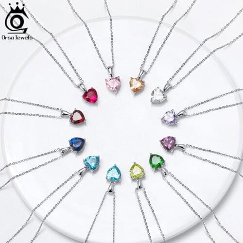 ORSA JEWELS 925 Silver Dainty Heart 12 Colors Month Birthstone Pendant Necklace For Women Lucky CZ Necklace Jewelry Gifts APN02