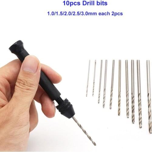 1SET URANN Mini Micro Aluminum Hand Drill HSS Twist Drill Bits Keyless Chuck Manual Craft Woodworking Drilling Rotary Tools