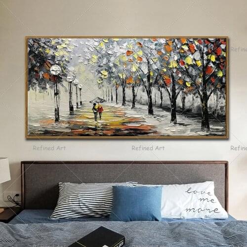 Abstract Landscape Oil Painting Pedestrians Holding Umbrellas In Park Forest Wall Art Home Decoration Rolled Canvas Unstretched