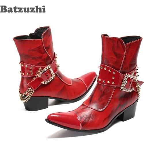 Batzuzhi Punk Western Cowboy Boots Genuine Leather Ankle Boots for Mens Party and Wedding Red Punk Botas Hombre,Big Sizes EU46