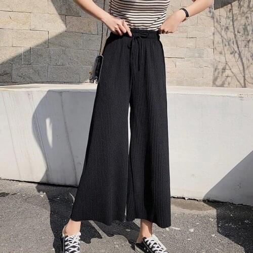 AECU Women Tie Wide Leg Pants Female High Waist Plus Size Casual Ladies Culottes Trousers Solid Color Pantalones Pleated Pants