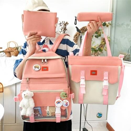 New 4Pcs/Set Canvas Women Backpacks School Bags for Teenage Girls Lovely Bookbags Travel Laptop Backpack Students Rucksack