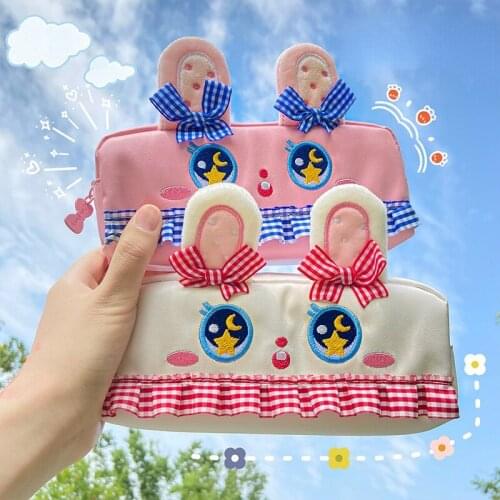 Korean Stationery Cute Plush Fabric Ears Lace PU Leather Rabbit High Capacity Cute Student Stationery Pencil Case Kawaii Makeup