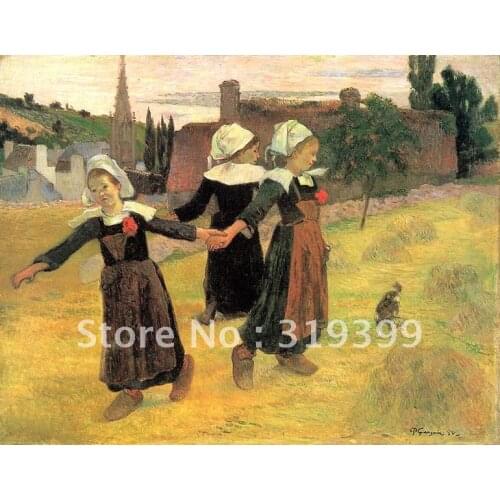 Oil Painting Reproduction,Breton Girls Dancing Around in the Haystacks by ,Free DHL Shipping,100% handmade