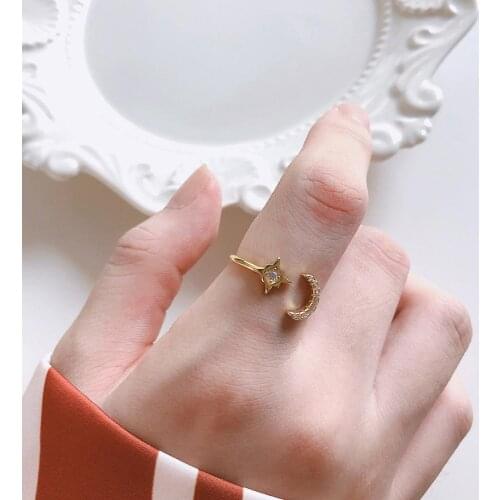 INS Authentic S925 Sterling Silver FINE Jewelry Gold Moon &Star shine Zirconia AAA+ open ring adjust TLJ743
