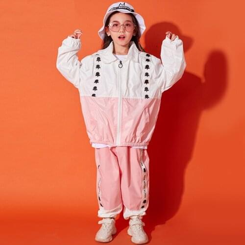 New Jazz Dance Costume Kids Hip-hop Clothes Pink Coat+Long Pant Fashion Practice Wear Stage Costume Sport Suit For Girls BL1961