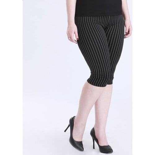 New Arrival Summer style High Quality Super elastic Denim soft 5XL Plus size 125kg Striped Knee-Length leggings women pants