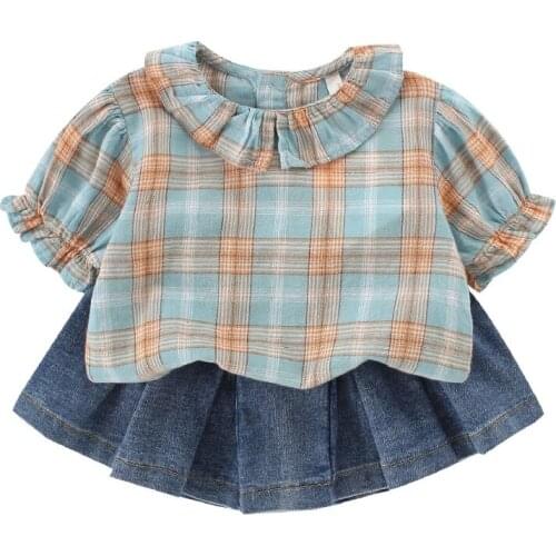 Summer New Kids Girls Korean Style Plaid Shirt +Denim Shorts