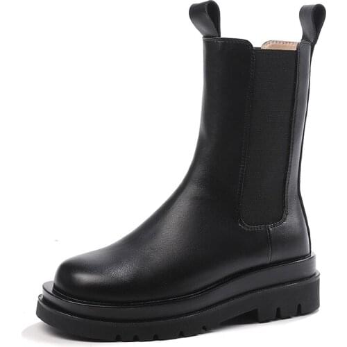 Fashion Platform Booties Chelsea Boots Chunky Boots Women Winter Shoes Genuine Leather Plush Ankle Boots Black Female
